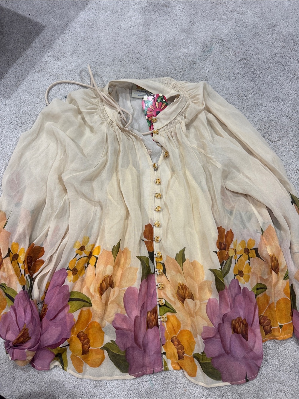 FARM Rio Cream Blouse with Purple & Yellow Floral Border